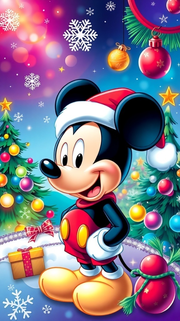 Mickey Mouse Christmas wallpaper with festive elements like snowflakes and Christmas trees.